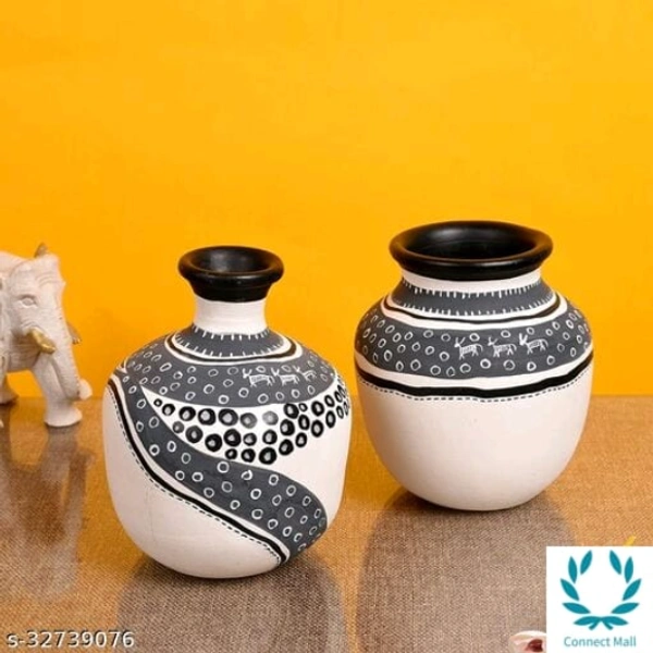 Vase Earthen White Warli (Set of 2) Handicraft  like Madhubani and Warli. 